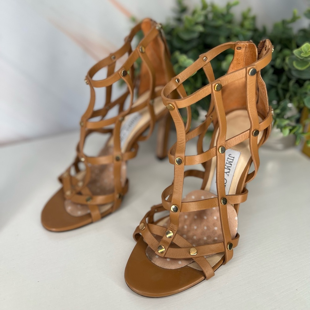 Jimmy Choo Tan & Gold Tina Leather Caged Sandal Pumps